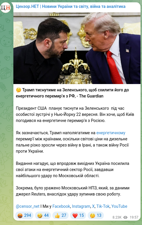 Скріншот Telegram-публікації: 🤔 Трамп тиснутиме на Зеленського, щоб схилити його до енергетичного перемир’я…