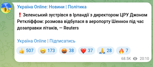 Скріншот Telegram-публікації: ❗️Зеленський зустрівся в Ірландії з директором ЦРУ Джоном Реткліффом: розмова…