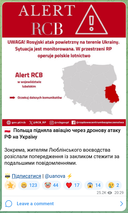 Скріншот Telegram-публікації: 🇵🇱 Польща підняла авіацію через дронову атаку РФ на Україну Зокрема, жителям Лю…