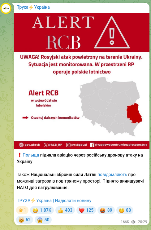 Скріншот Telegram-публікації: ❗️Польща підняла авіацію через російську дронову атаку на Україну Також Націон…