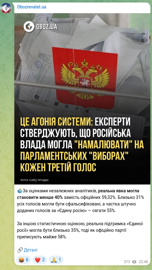 Screenshot of a Telegram post: 🗳️According to independent analysts' estimates, actual turnout could have been…