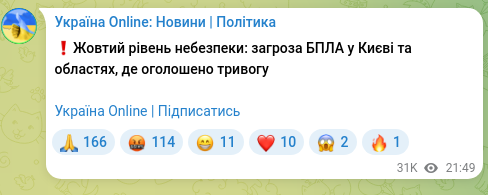 Скріншот Telegram-публікації: ❗️Жовтий рівень небезпеки: загроза БПЛА у Києві та областях, де оголошено трив…