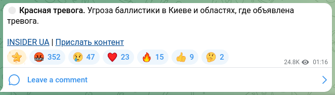 Screenshot of a Telegram post: 🔴 Red alert. Threat of ballistic missiles in Kyiv and the regions where an ale…