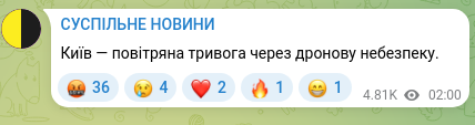Screenshot of a Telegram post: Kyiv — air raid alert due to drone threat.