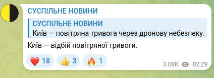 Screenshot of a Telegram post: Kyiv — all-clear for the air raid alert.
