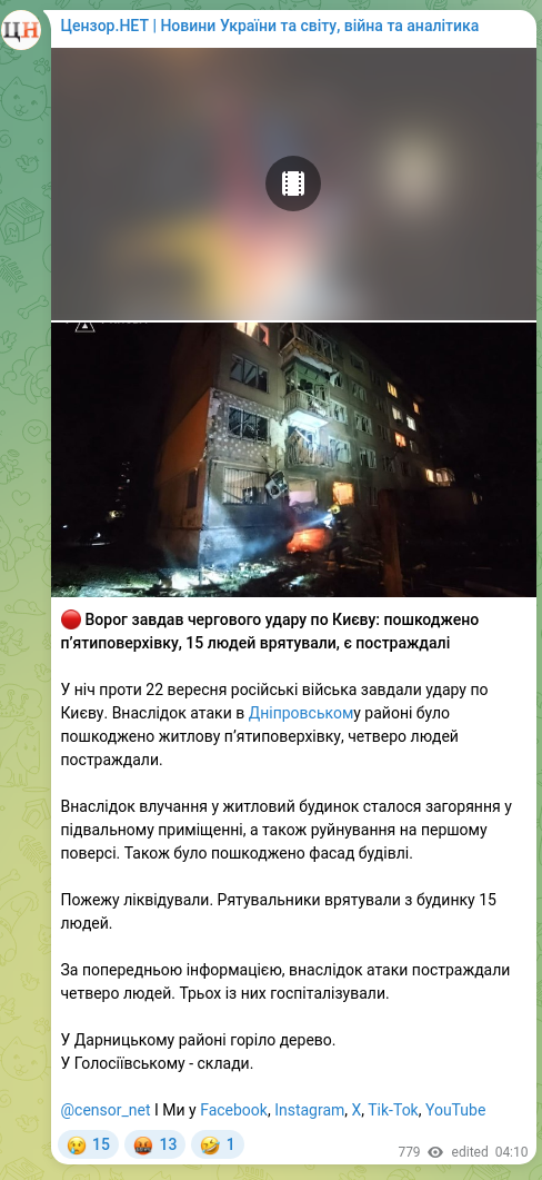 Скріншот Telegram-публікації: Цензор.НЕТ | Новини України та світу, війна та аналітика