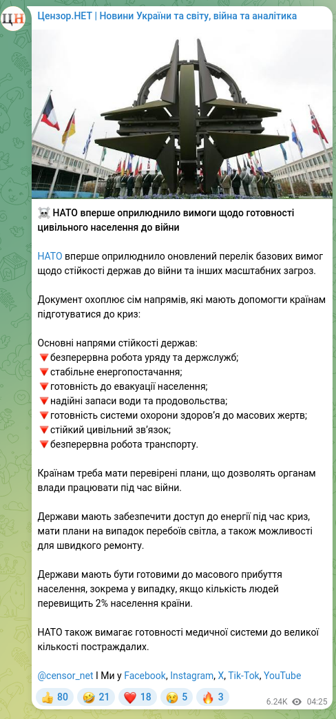 Скріншот Telegram-публікації: ☠️ НАТО вперше оприлюднило вимоги щодо готовності цивільного населення до війни…