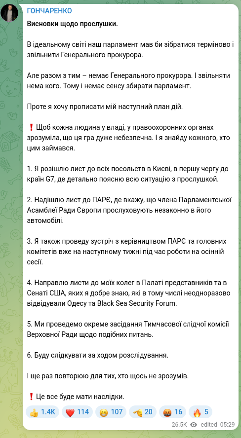 Screenshot of a Telegram post: Висновки щодо прослушки. В ідеальному світі наш парламент мав би зібратися терм…