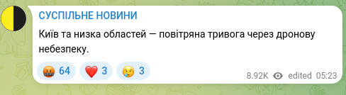 Скріншот Telegram-публікації: Київ та низка областей — повітряна тривога через дронову небезпеку.