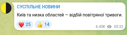 Скріншот Telegram-публікації: Київ та низка областей — відбій повітряної тривоги.