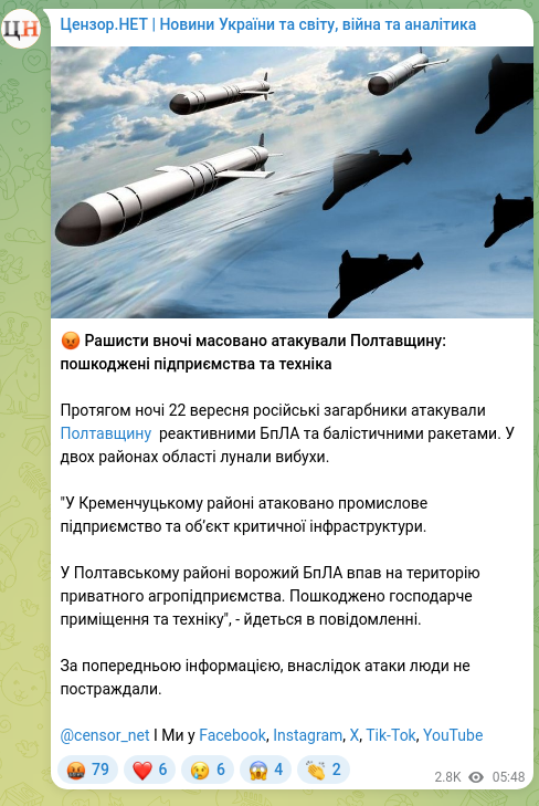 Скріншот Telegram-публікації: 😡 Рашисти вночі масовано атакували Полтавщину: пошкоджені підприємства та техн…
