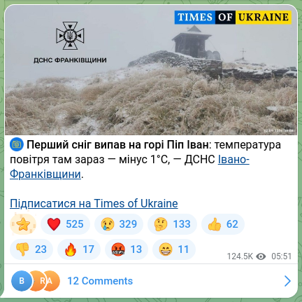 Скріншот Telegram-публікації: ⚡ Перший сніг випав на горі Піп Іван: температура повітря там зараз — мінус 1°…