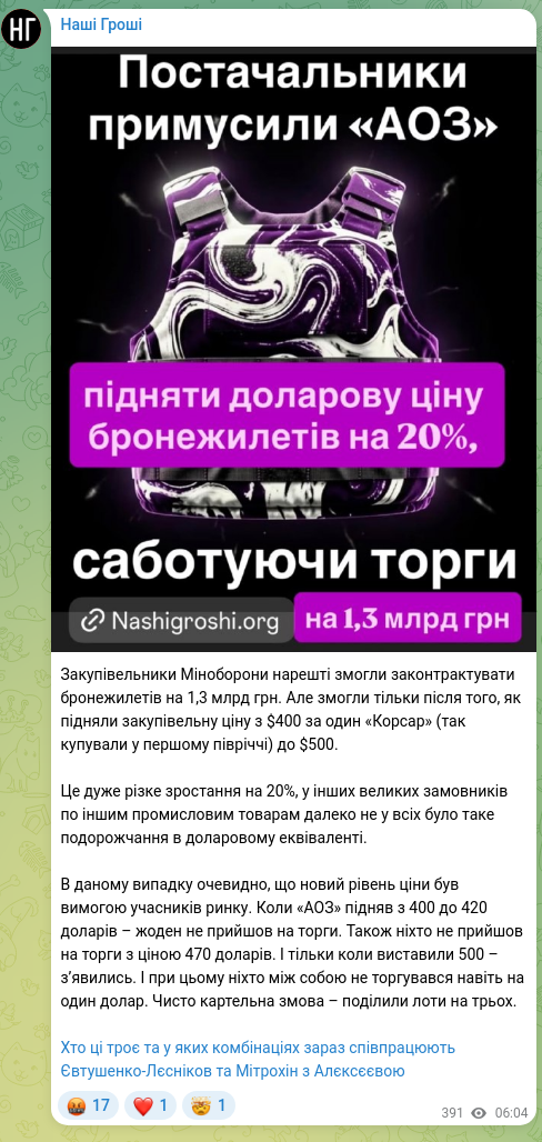 Скріншот Telegram-публікації: Закупівельники Міноборони нарешті змогли законтрактувати бронежилетів на 1,3 мл…