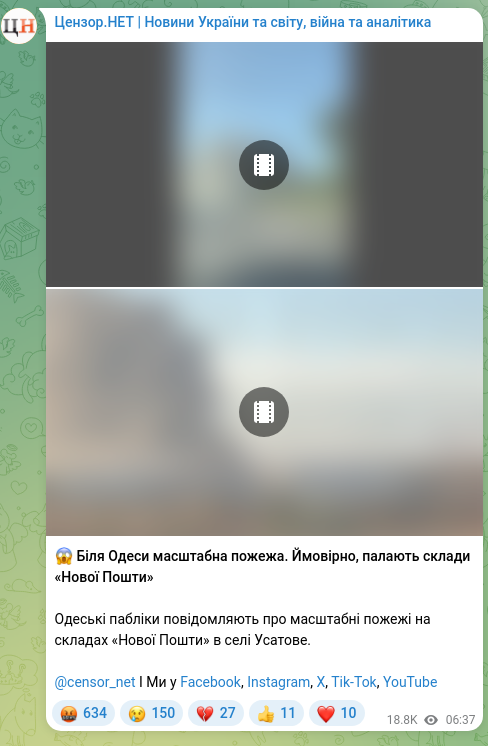 Screenshot of a Telegram post: Цензор.НЕТ | Новини України та світу, війна та аналітика