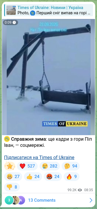Скріншот Telegram-публікації: ⚡ Справжня зима: ще кадри з гори Піп Іван, — соцмережі. Підписатися на Times o…