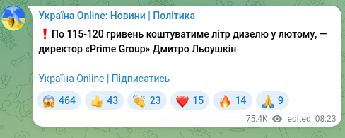 Screenshot of a Telegram post: ❗️A liter of diesel will cost 115-120 hryvnias in February, — Prime Group dire…