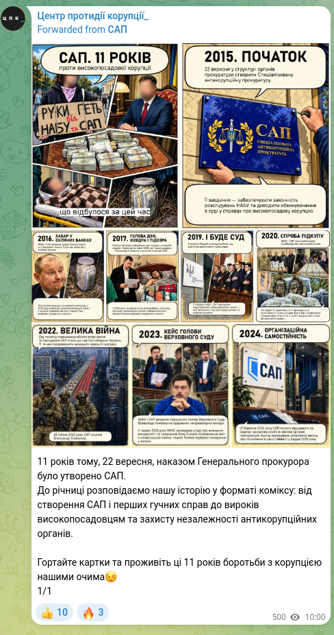 Screenshot of a Telegram post: 11 years ago, on 22 September, by order of the Prosecutor General, the SAP was…