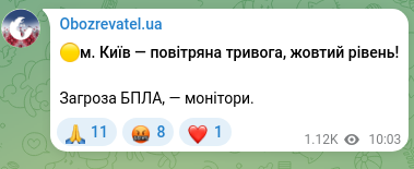 Скріншот Telegram-публікації: 🟡м. Київ — повітряна тривога, жовтий рівень! Загроза БПЛА, — монітори.