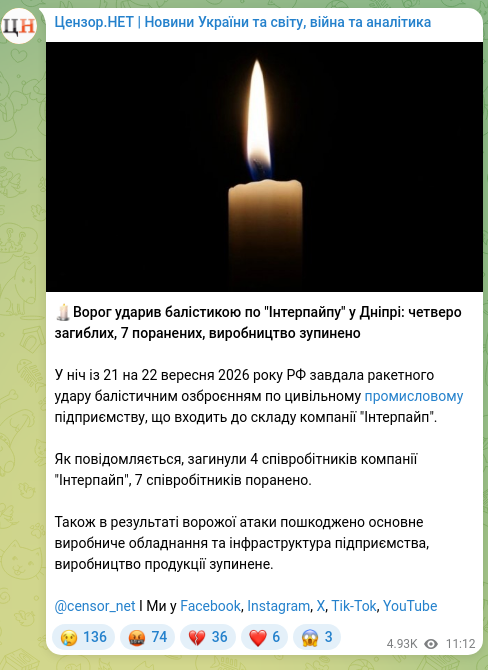 Скріншот Telegram-публікації: 🕯️Ворог ударив балістикою по "Інтерпайпу" у Дніпрі: четверо загиблих, 7 поранен…
