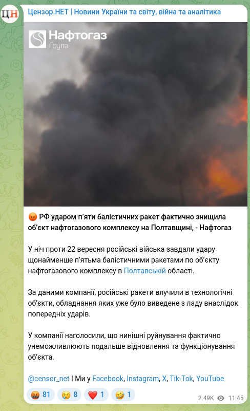 Скріншот Telegram-публікації: 😡 РФ ударом п’яти балістичних ракет фактично знищила об’єкт нафтогазового комп…