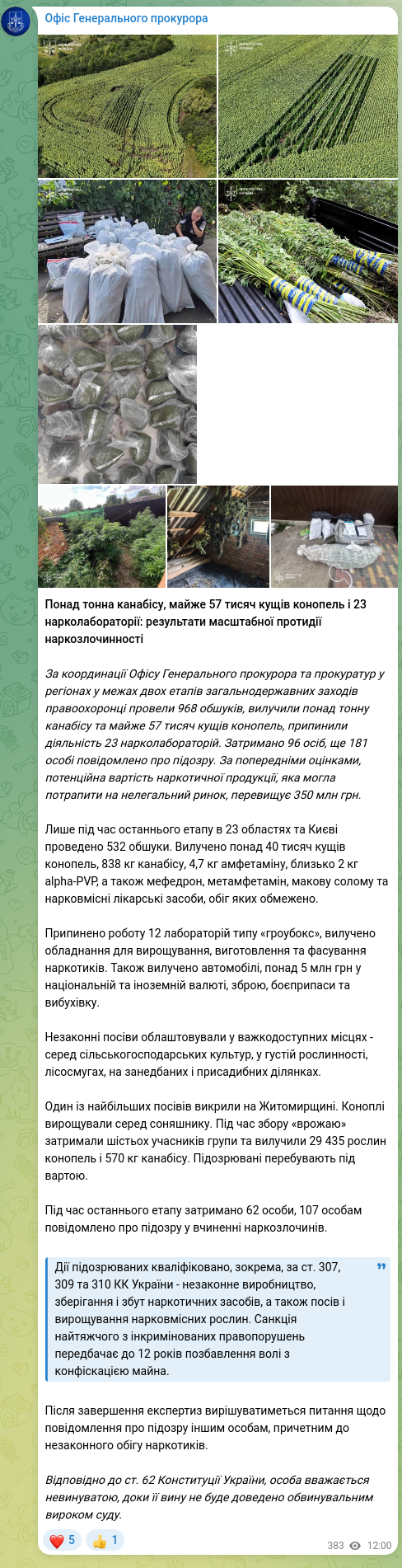 Скріншот Telegram-публікації: Офіс Генерального прокурора