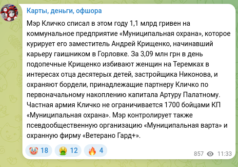 Screenshot of a Telegram post: Palatny Artur Leonidovich — Mayor Klitschko wrote off 1,1 billion hryvnias this year to the c…