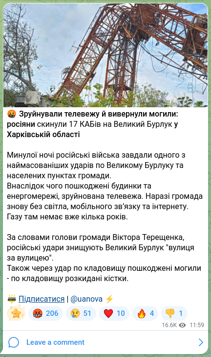 Screenshot of a Telegram post: 🤬They destroyed the TV tower and overturned graves: the Russians dropped 17 KA…