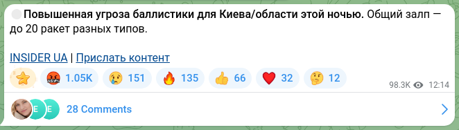 Screenshot of a Telegram post: 🔴Increased ballistic threat to Kyiv/the region tonight. General barrage — up t…