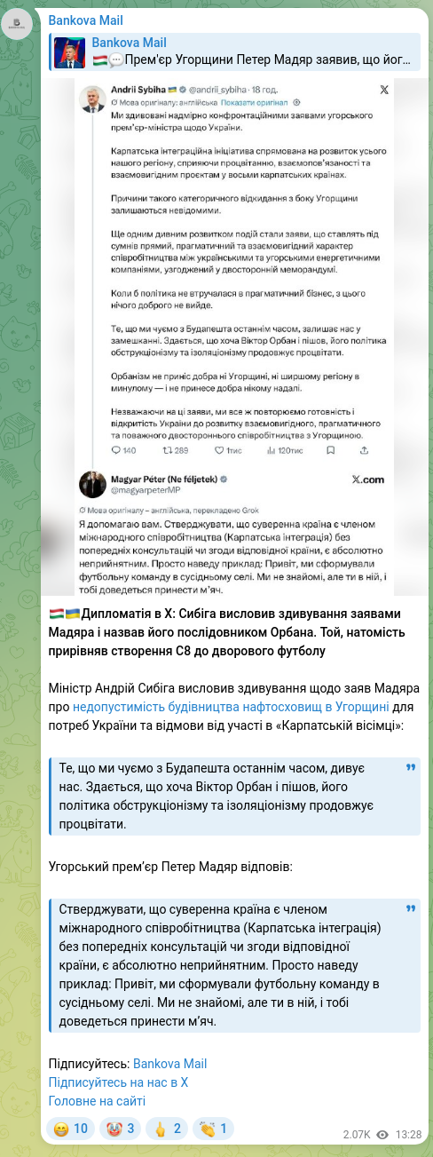 Screenshot of a Telegram post: Sybyha Andriy Ivanovych — 🇭🇺🇺🇦Diplomacy on X: Sybiga expressed surprise at Magyar's statement…