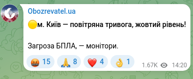 Скріншот Telegram-публікації: 🟡м. Київ — повітряна тривога, жовтий рівень! Загроза БПЛА, — монітори.