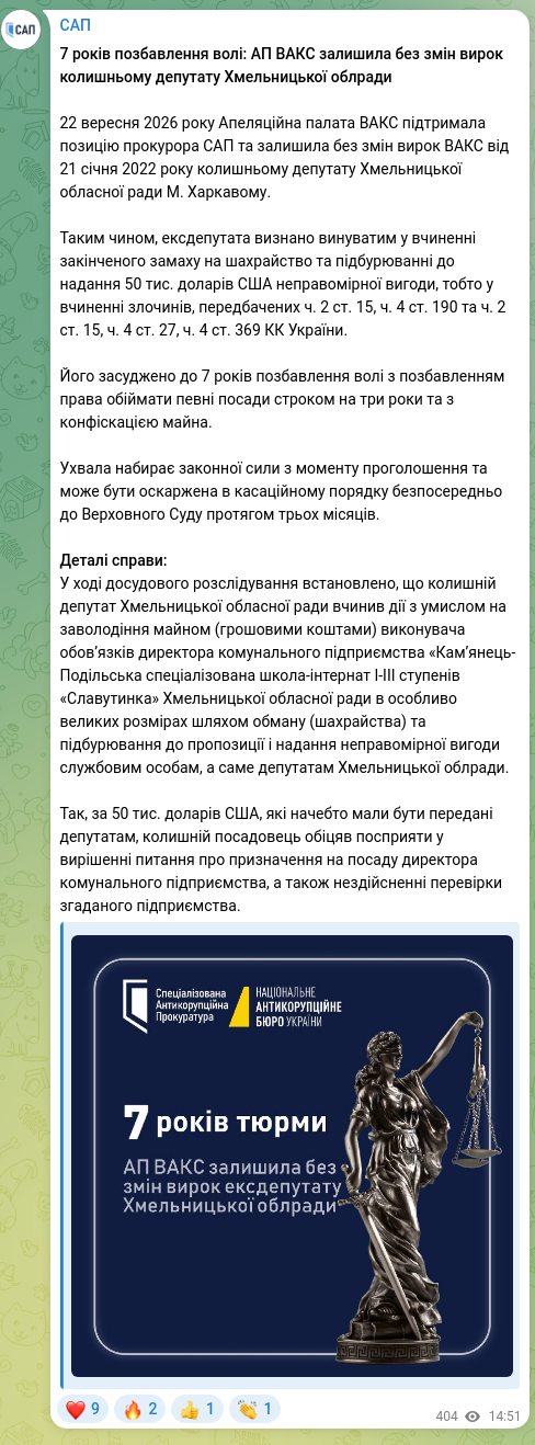 Screenshot of a Telegram post: ​​7 years of imprisonment: AP of the High Anti-Corruption Court left unchanged…