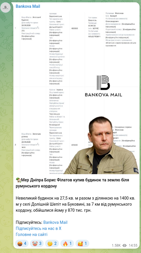 Screenshot of a Telegram post: Filatov Borys Albertovych — 🏡The mayor of Dnipro, Borys Filatov, bought a house and land nea…