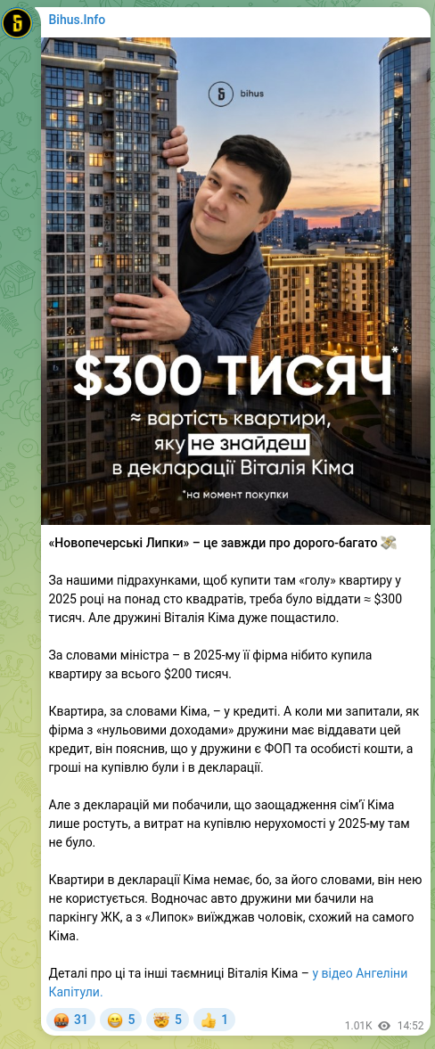 Screenshot of a Telegram post: “Novopecherski Lypky” — it’s always about expensive-luxury 💸 By our estimates,…