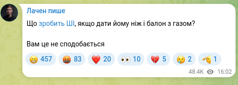 Скріншот Telegram-публікації: Що зробить ШІ, якщо дати йому ніж і балон з газом? Вам це не сподобається