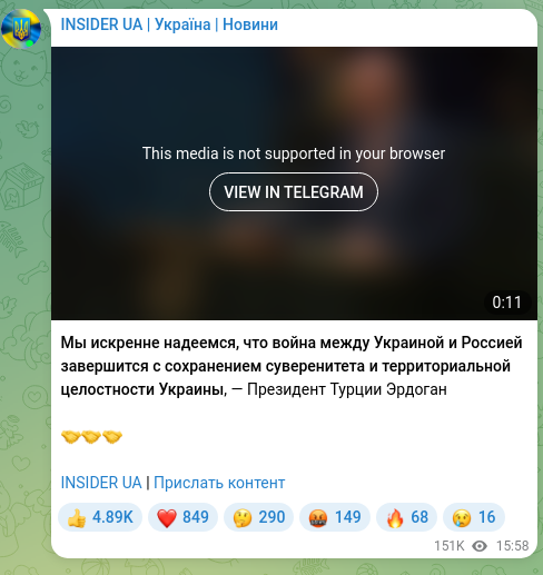 Screenshot of a Telegram post: We sincerely hope that the war between Ukraine and Russia will end with the pre…