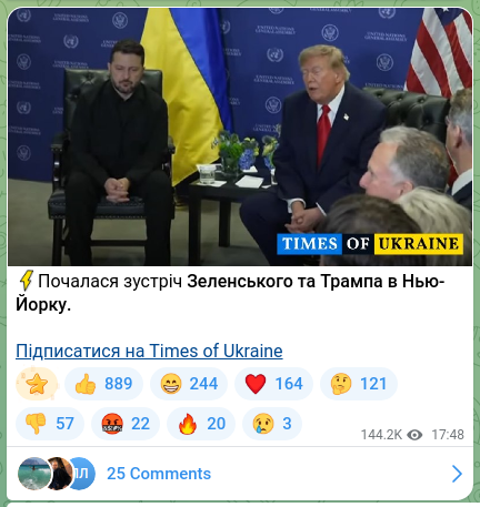 Screenshot of a Telegram post: ⚡️The meeting between Zelensky and Trump has begun in New York. Subscribe to T…
