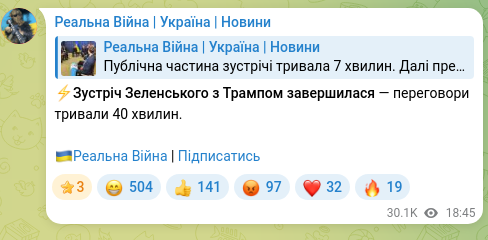Screenshot of a Telegram post: ⚡️Zelensky’s meeting with Trump has ended — the negotiations lasted 40 minutes…