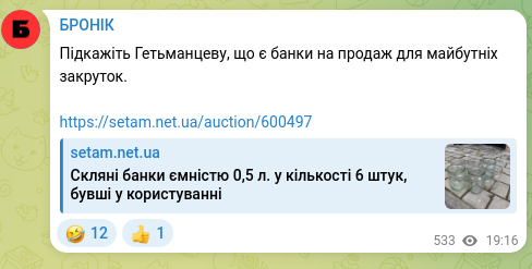 Screenshot of a Telegram post: Tell Hetmantsev that there are banks for sale for future schemes. https://setam…