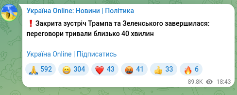 Скріншот Telegram-публікації: ❗️Закрита зустріч Трампа та Зеленського завершилася: переговори тривали близьк…