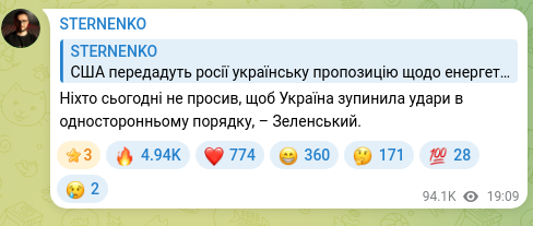 Screenshot of a Telegram post: No one today asked Ukraine to stop strikes unilaterally, – Zelenskyy.