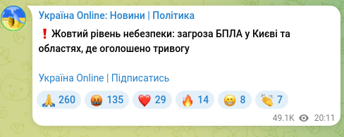 Скріншот Telegram-публікації: ❗️Жовтий рівень небезпеки: загроза БПЛА у Києві та областях, де оголошено трив…