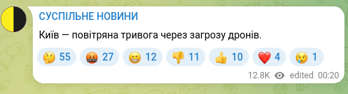 Скріншот Telegram-публікації: Київ — повітряна тривога через загрозу дронів.