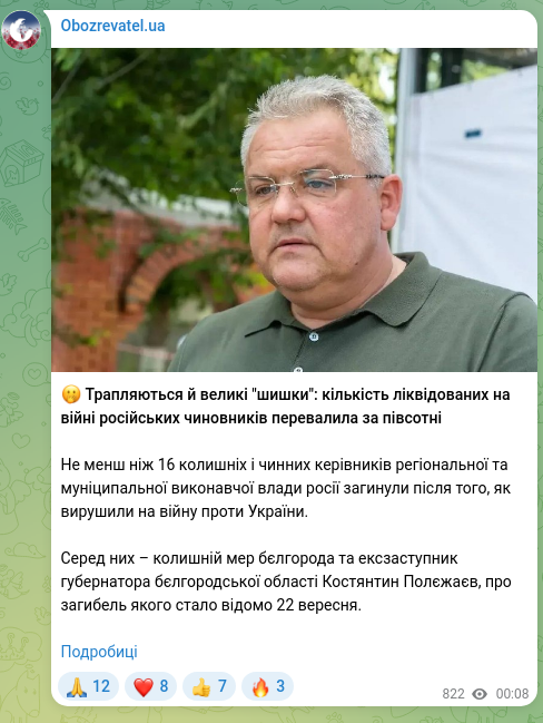 Скріншот Telegram-публікації: 🤭 Трапляються й великі "шишки": кількість ліквідованих на війні російських чин…