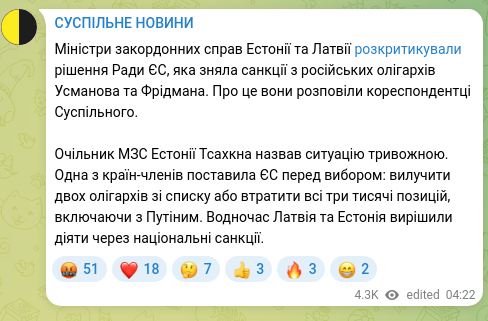 Скріншот Telegram-публікації: Міністри закордонних справ Естонії та Латвії розкритикували рішення Ради ЄС, як…