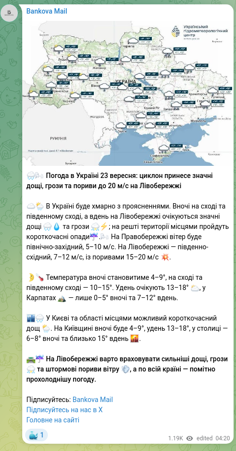 Screenshot of a Telegram post: 🌧🌬 Weather in Ukraine 23 September: a cyclone will bring heavy rain, thundersto…