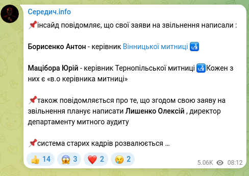 Screenshot of a Telegram post: 📌inside reports that the following people have submitted their resignations: B…