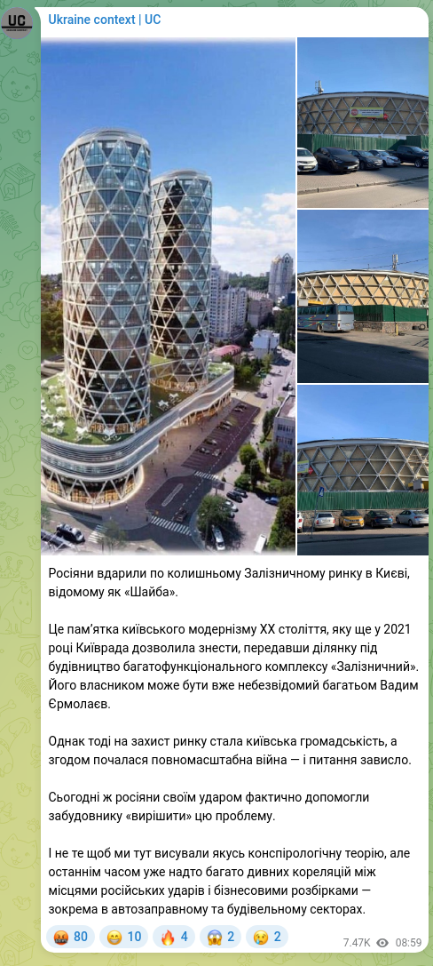 Screenshot of a Telegram post: Yermolayev Vadym Volodymyrovych — Russians struck the former Railway Market in Kyiv, known as…
