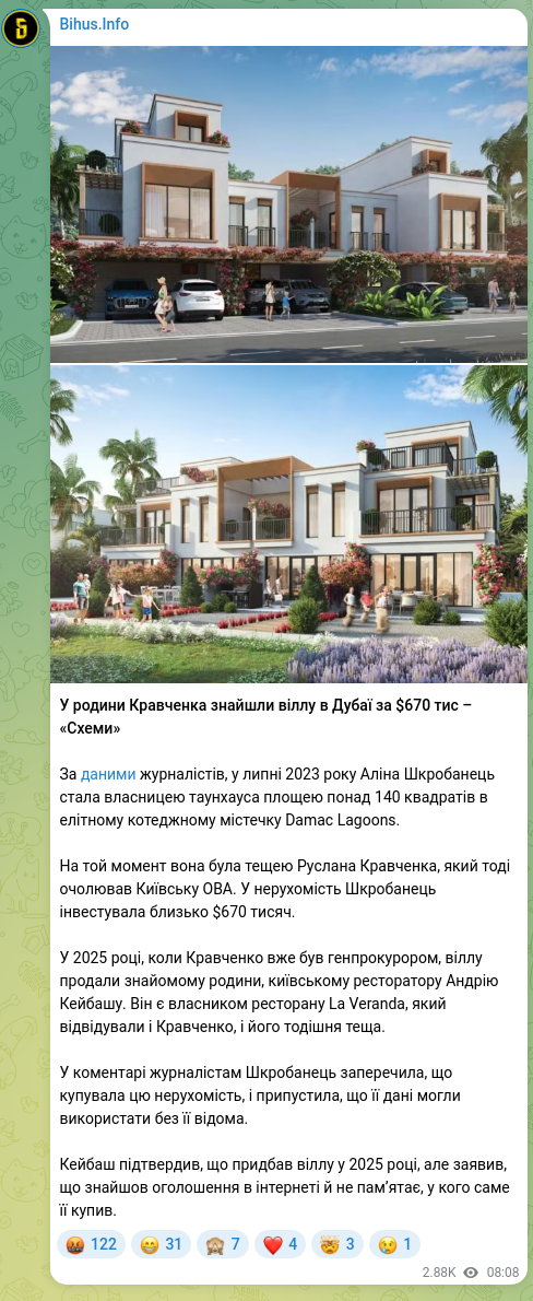 Screenshot of a Telegram post: Kravchenko Ruslan Andriyovych — The Kravchenko family was found to own a villa in Dubai for $…
