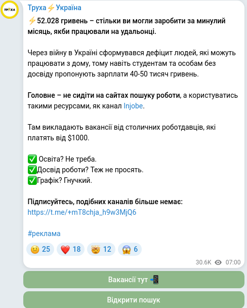 Скріншот Telegram-публікації