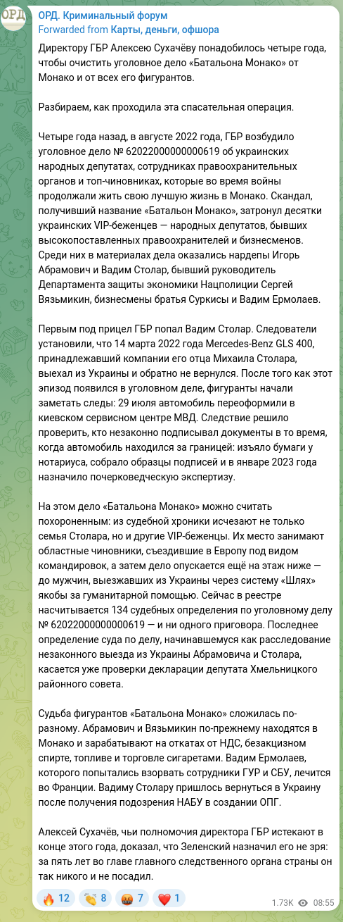Screenshot of a Telegram post: Vadym Stolar Vadym Mykhailovych — It took State Bureau of Investigations Director Oleksiy Suk…